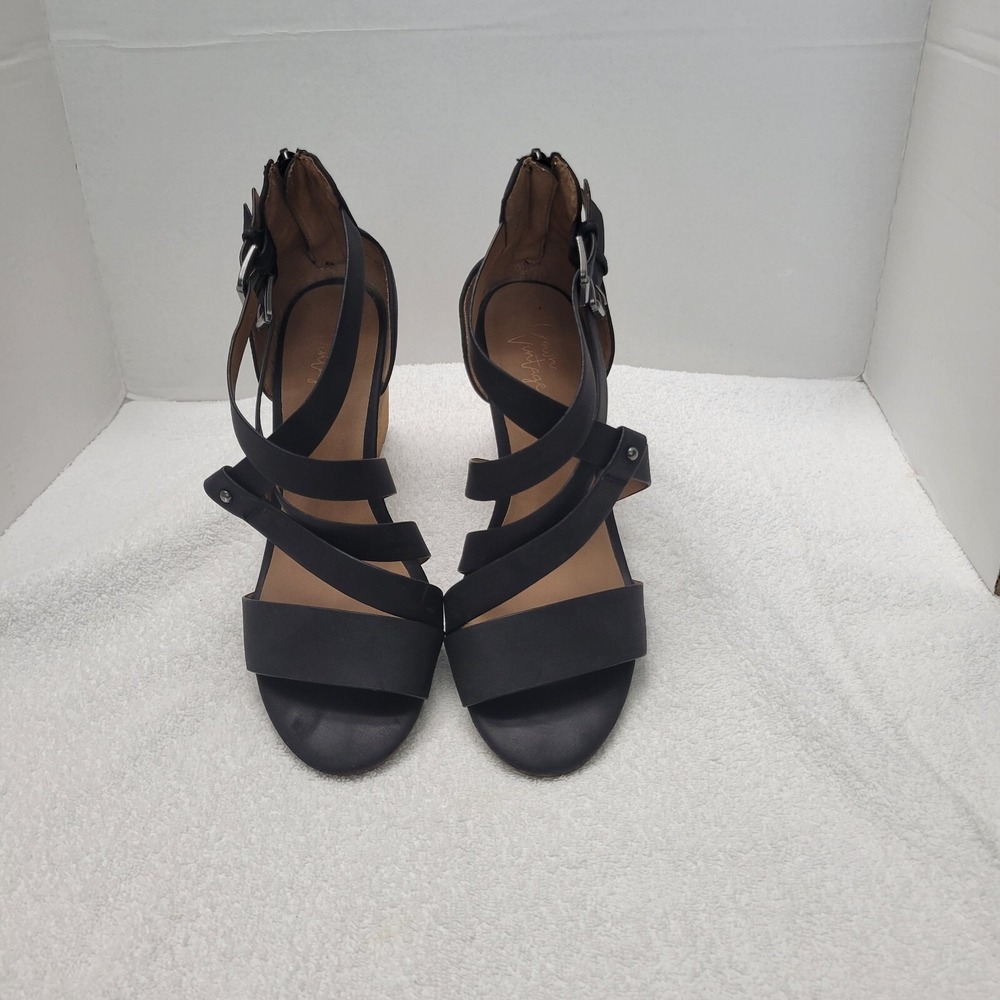 Crown Vintage Black Leather Stacked Wedge Strappy Sandals Womens Size 7.5